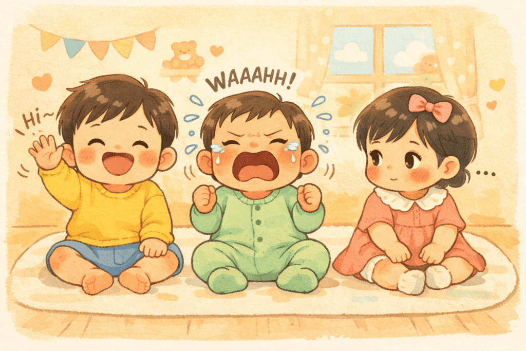 아이 기질 유형에 따라 순한 기질, 까다로운 기질, 느린 신중한 기질의 세아이들이 앉아있는 모습