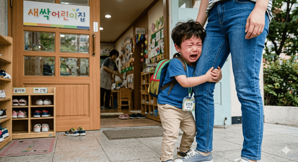까다로운 기질 아이 어린이집 적응 과정 중 등원 거부하며 엄마의 다리를 붙잡고 서럽게 우는 모습