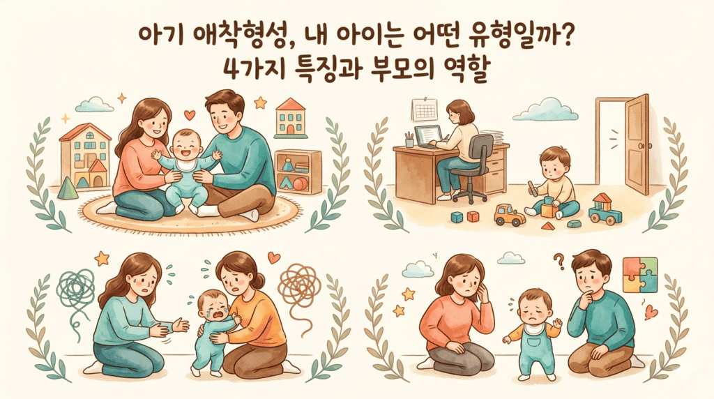 아기 애착형성 4가지 유형과 부모의 역할을 설명하며 안정형, 회피형, 저항형, 혼란형 애착의 특징을 부모와 아이의 상호작용 모습으로 표현함