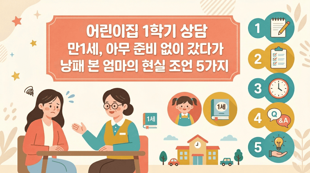 어린이집 1학기 상담 만1세, 아무 준비 없이 갔다가 낭패 본 엄마의 현실 조언 5가지라는 제목으로 엄마가 어린이집 선생님과 만나고 있는 장면이다. 