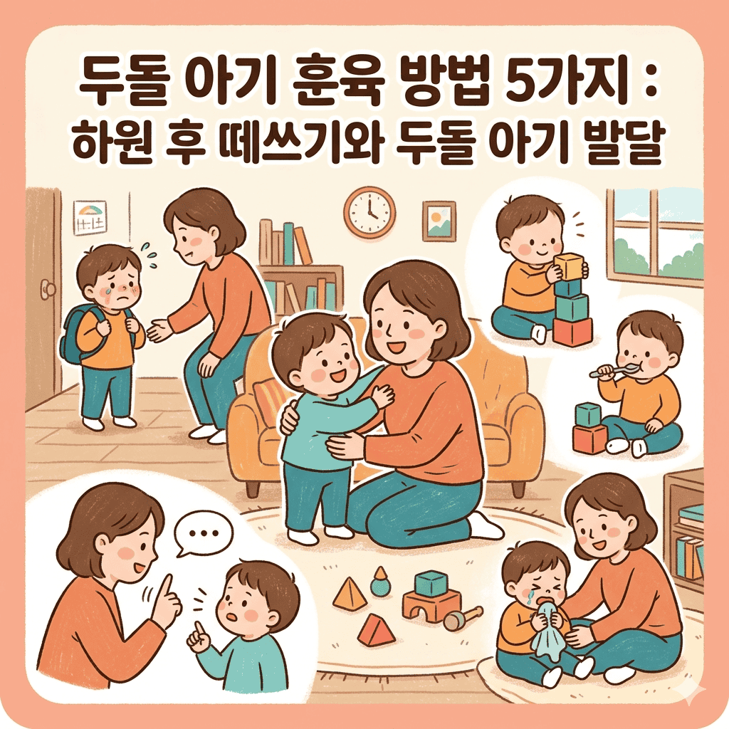 두돌 아기 훈육 방법 5가지로 하원 후 떼쓰기와 두돌 아기 발달이라는 제목이다. 엄마가 하원 후 떼쓰는 아이를 달래는 모습과 블록 놀이를 하며 단호하지만 따뜻하게 훈육하는 장면들이 담긴 따뜻한 분위기의 모습