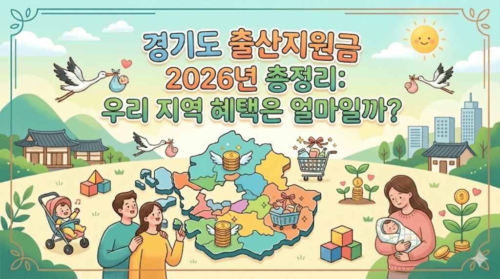 경기도 출산지원금 2026년 총정리한 내용을 담아 두루미가 아기를 물고 날라오며 경기도 지도와 옆에 신혼부부와 아기를 안고 있는 엄마의 모습