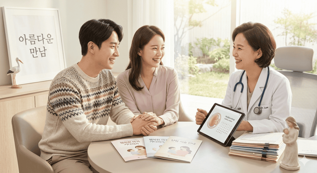 서울시 난임시술 지원 상담을 받으며 행복하게 아이를 기다리는 신혼부부의 모습입니다. 따뜻한 분위기의 진료실에서 의사가 태블릿을 보며 난임 신청 및 시술 과정을 친절하게 설명하고 있습니다. 테이블 위에는 '난임 시술 안내' 책자가 놓여 있으며, 부부는 서로의 손을 맞잡고 밝게 웃고 있습니다.