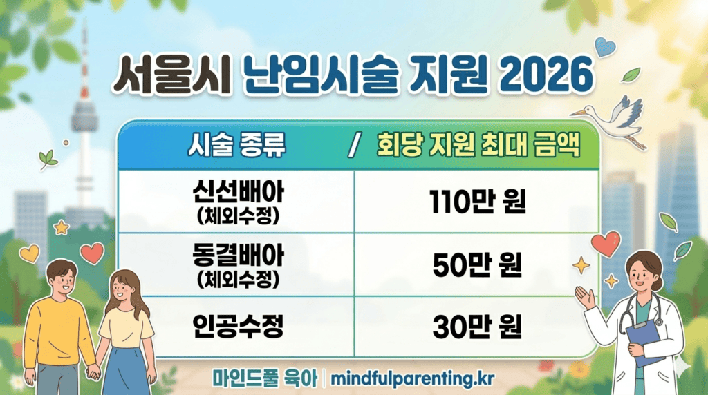 서울시 난임시술 지원 2026 안내 포스터로 신선배아 110만 원, 동결배아 50만 원, 인공수정 30만 원 지원 금액이 적힌 표와 의사, 부부 일러스트가 포함되었습니다. 하단에는 마인드풀 육아(mindfulparenting.kr) 문구가 있습니다