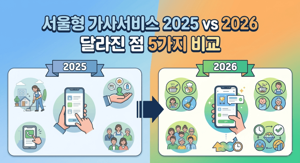 서울형 가사서비스 2025년과 2026년의 주요 변화 5가지를 비교하고 있다. 왼쪽에는 2025년 서비스 현황이, 오른쪽에는 확장된 2026년 서비스 범위가 아이콘으로 묘사되어 있으며 중앙의 화살표가 변화를 상징한다.