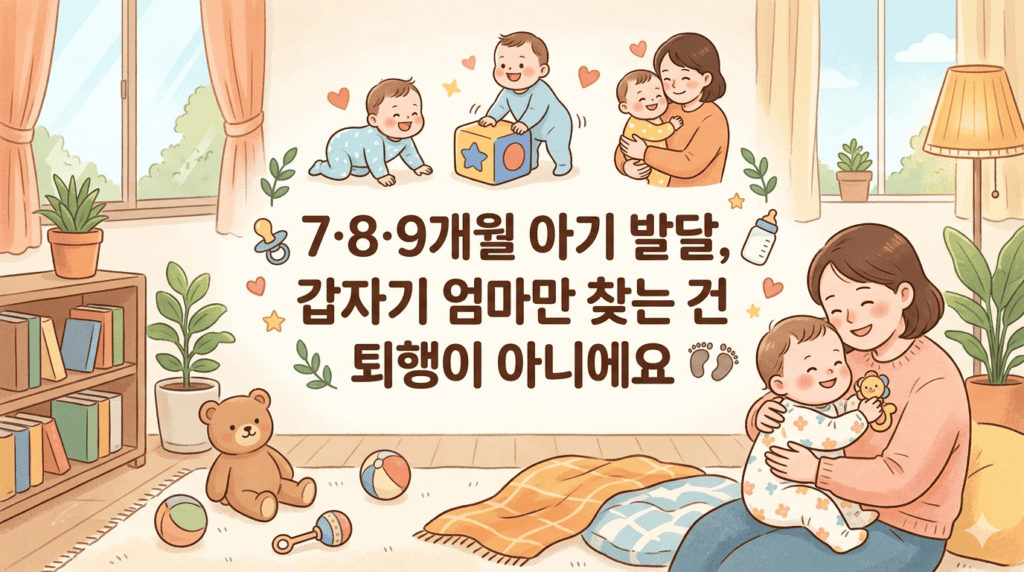 7·8·9개월 아기 발달 중 엄마만 찾는 퇴행 행동으로 아기가 엄마한테 안겨있는 모습