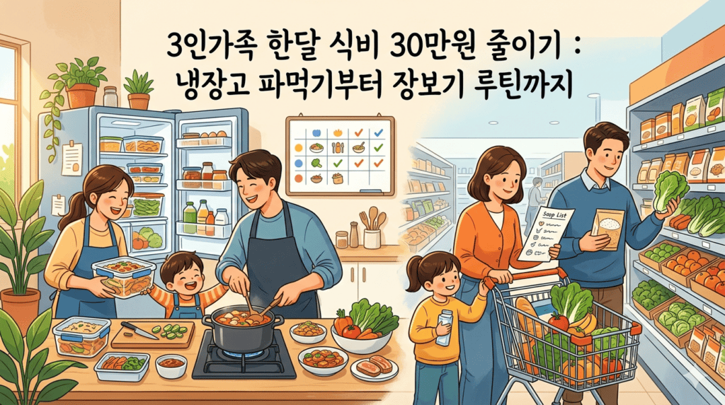 3인가족 한달 식비 절약을 위해 냉장고 파먹기를 하며 요리하는 모습과 마트에서 계획적으로 장을 보는 가족의 모습