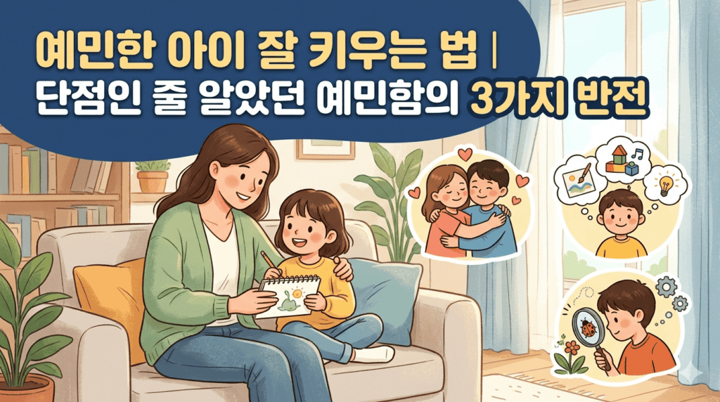 예민한 아이 잘 키우는 법이라는 제목으로 엄마와 아이가 소파에 앉아 다정하게 그림을 그리며 교감하고 있는 모습