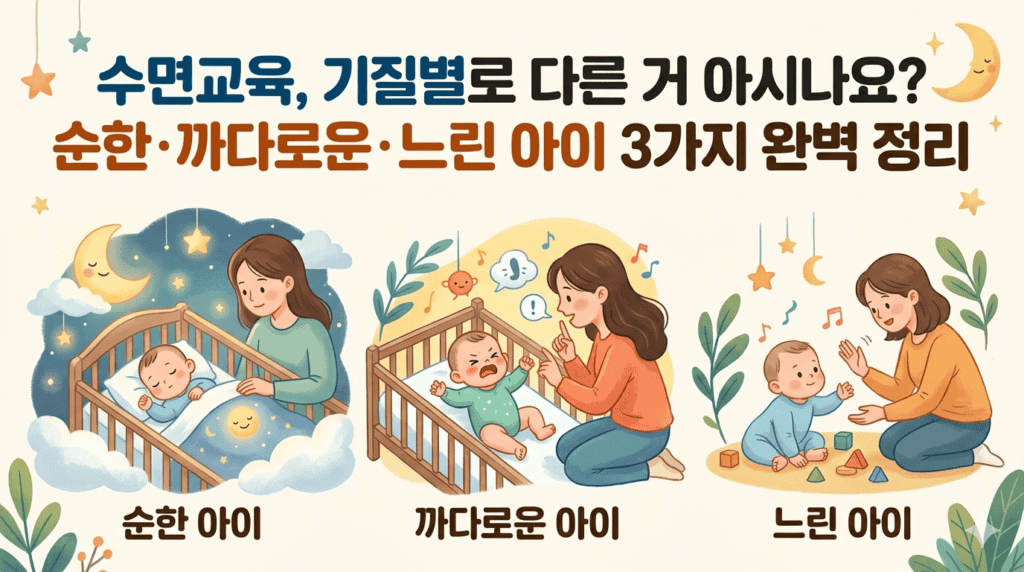 수면교육이 순한기질, 까다로운기질, 느린기질마다 다름을 나타내는 모습