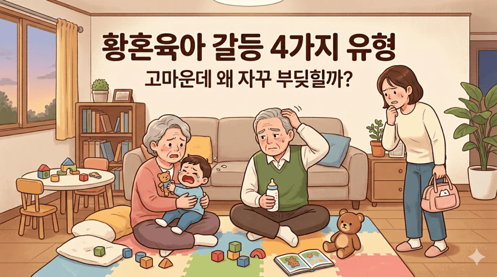 황혼육아 갈등으로 아이를 맡긴 고마운 마음에도 불편함이 들어 부딪히는 엄마와 조부모님 불편한 표정이 담긴 모습