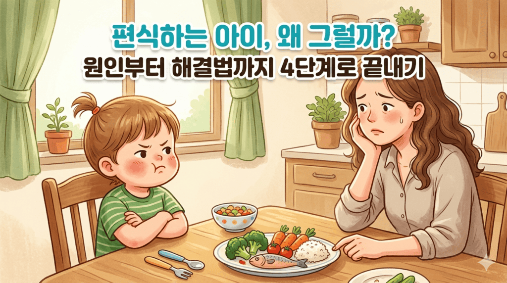 편식하는 아이가 식탁에 야채와 생선이 있는 식단 앞에서 팔짱을 끼고 입을 다물고 거부하고 있고 엄마는 걱정스런 표정으로 턱을 괴고 있는 모습